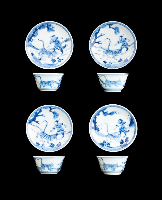 Four Chinese porcelain blue and white teabowls and saucers with Wusong slaying a tiger | MasterArt